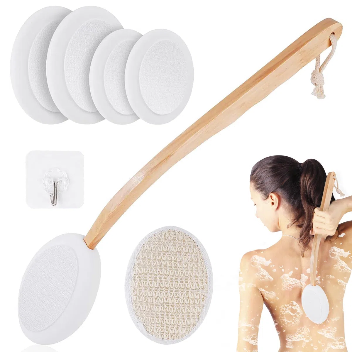 7 Pezzi Spazzola Schiena Doccia con Manico Lungo Spalma Crema Schiena Applicatore di Crema per Schiena Spazzola per il Corpo con Manico per Spazzolare a Umido o a Secco