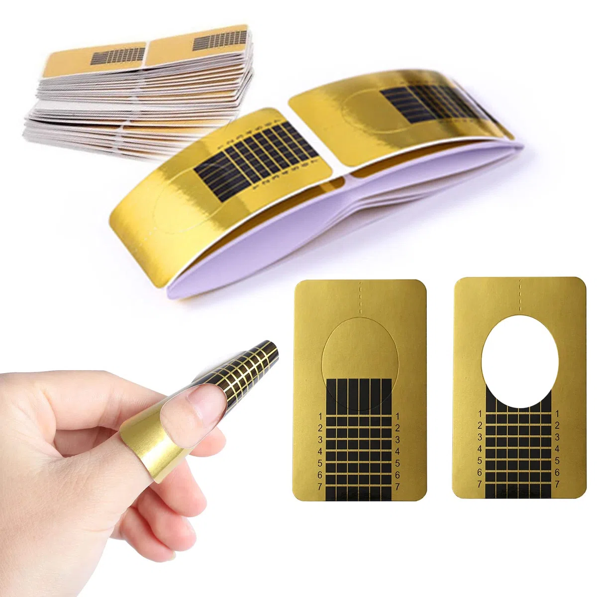 Rotolo Cartine Oro 144 Pezzi Nail Art ricostruzione,Sagome per unghie, Estensione model Cartine Forma delle unghie