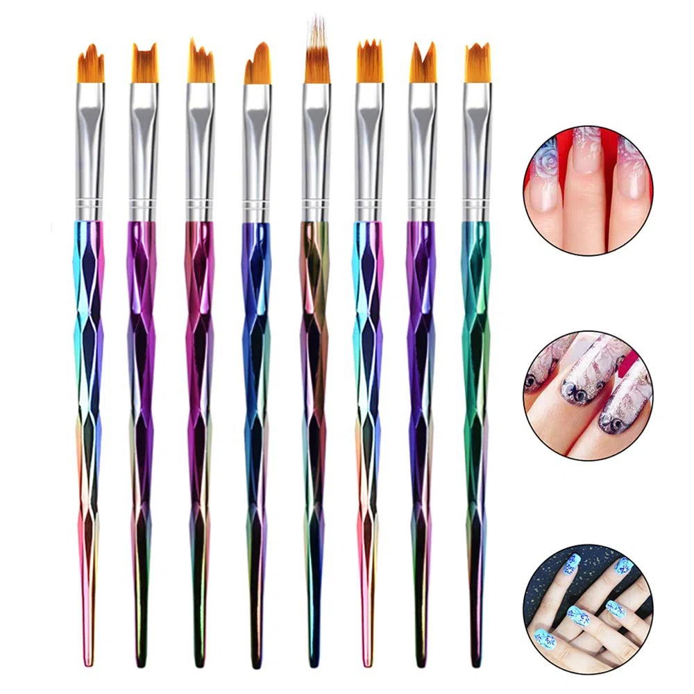 Mwoot Set di 8 pennelli per nail art con sfumatura sfumata, con penna UV per pittura a gel, manico multicolore per manicure, nail art