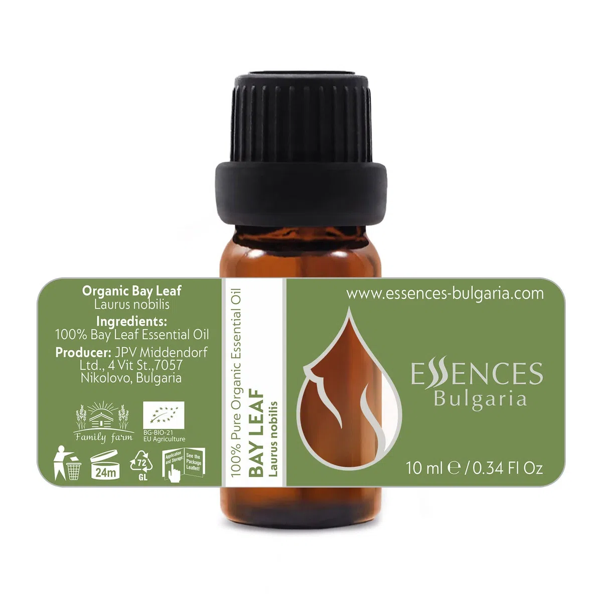 Essences Bulgaria Olio Essenziale di Alloro Biologico 10 ml | Laurus nobilis | 100% Puro e Naturale | Non Diluito | Grado Terapeutico | Fattoria a Conduzione Familiare | Distillato a Vapore | Non OGM