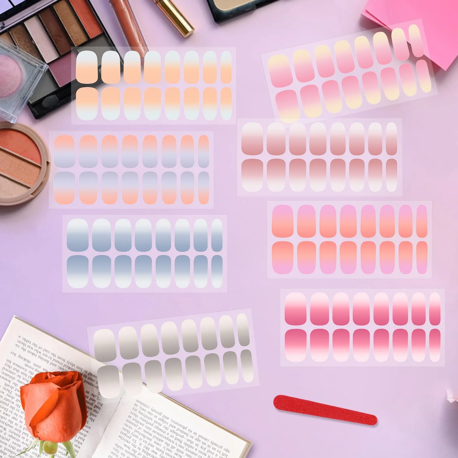 JSRQT 8 Fogli Smalto Adesivi Unghie Tinta Unita, Adesivo per Nail Art in Gel Decalcomania Autoadesiva, Strisce per Unghie con Lima, Decorazione per Donne Ragazze