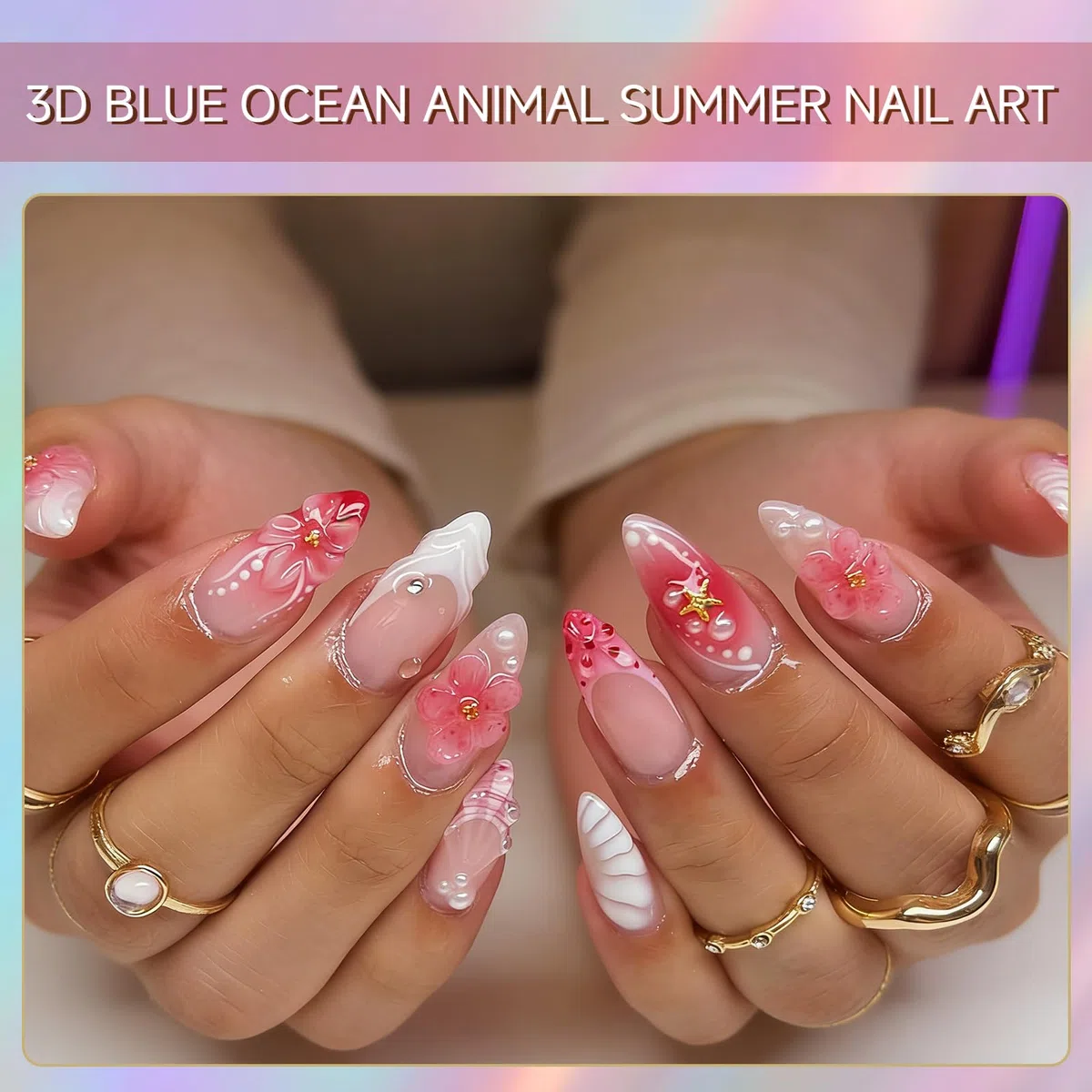 30 pezzi 3D Ocean Press on Nails, Mandorla Estate Rosa Conchiglia & Stelle Marine Unghie Artificiali Perline Unghie Finte con Goffratura 3D Inclusi cuscinetti adesivi e lima per unghie