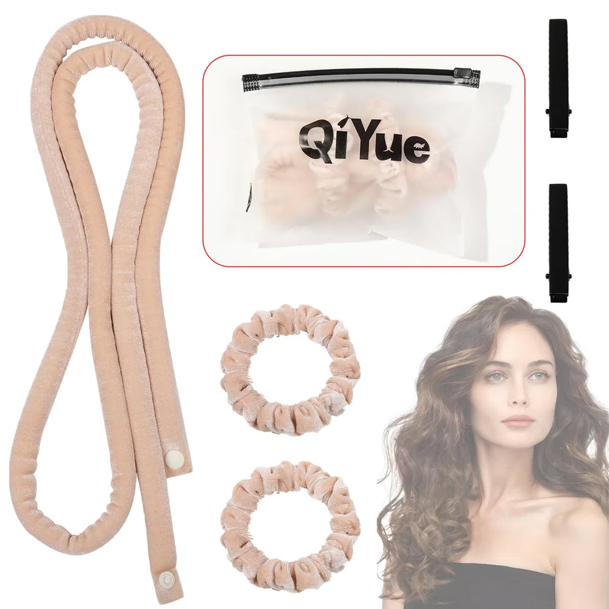 Heatless Hair Curler, Ricci Durante Notte， Fascia Per Capelli Con Riccioli Sottili， Adatto a Tutti i Tipi Capelli e Trame,Lunghezza Della Spalla o Risultati Ottimali Capelli Più Lunghi(Beige)