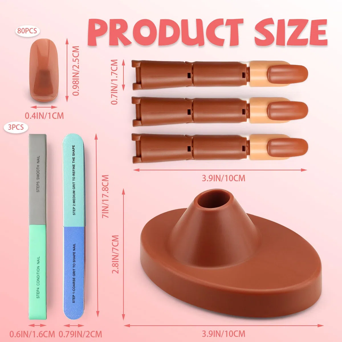 3 dita finte per unghie in acrilico con base, punte e blocco tampone per unghie, manichino regolabile per nail art, kit per principianti mobili e flessibili (marrone)