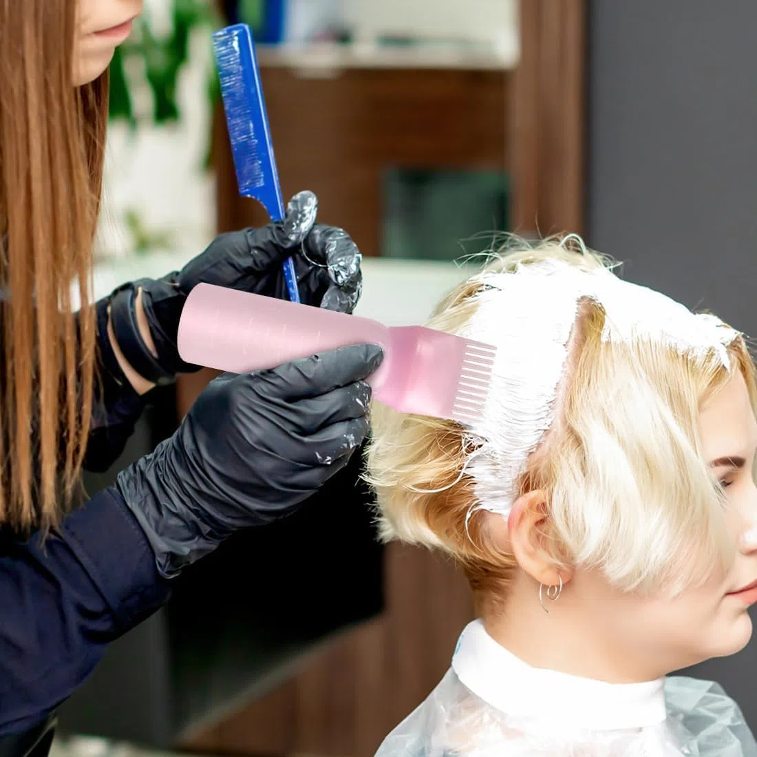 2 Pezzi Applicatore Olio Capelli,Massaggiatore Cuoio Capelluto + Applicatore Tintura,Flacone a Pettine per Radici,Spazzola Massaggio Cuoio Capelluto per La Casa,Salone per Capelli(Rosa)