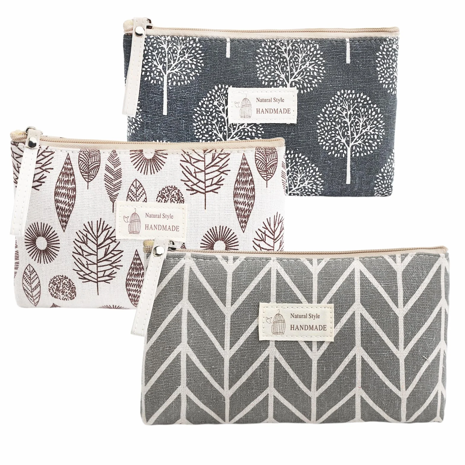 3 Pezzi Pochette Trucco, Trousse Donna, Pochette Donna Mare, Borsa per Cosmetici, Astuccio da Viaggio per Trucco, Regali Natale (Alberi/Frecce/Foglie)