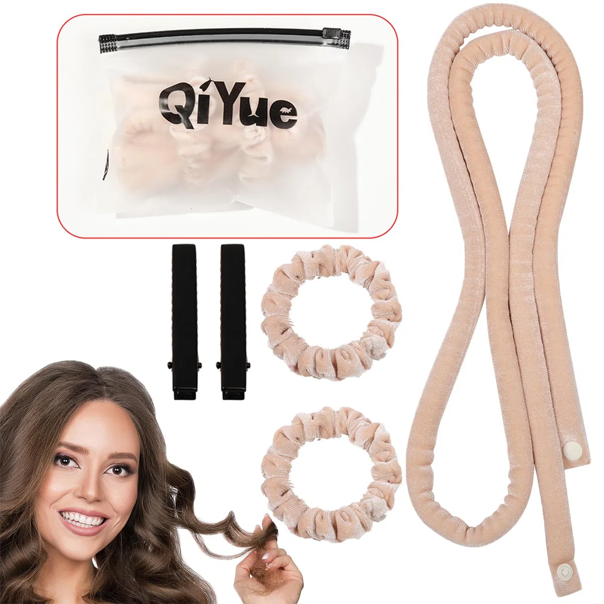 Heatless Hair Curler, Ricci Durante Notte， Fascia Per Capelli Con Riccioli Sottili， Adatto a Tutti i Tipi Capelli e Trame,Lunghezza Della Spalla o Risultati Ottimali Capelli Più Lunghi(Beige)