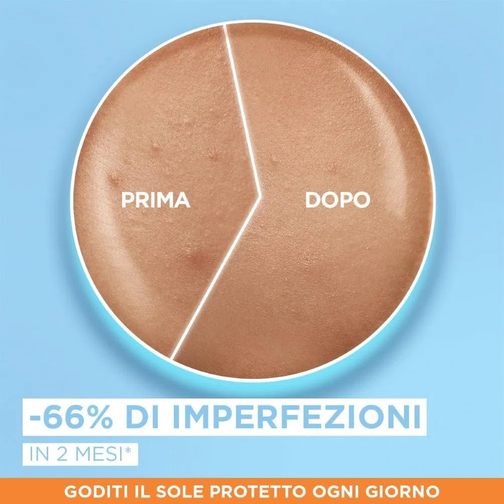 Garnier Fluido Viso Anti Imperfezioni, Uso Quotidiano, Protezione Solare Molto Alta SPF 50+, Effetto Invisibile, Con Niacinamide, Dermatologicamente Provato, Super UV, Ambre Solaire, 40 ml