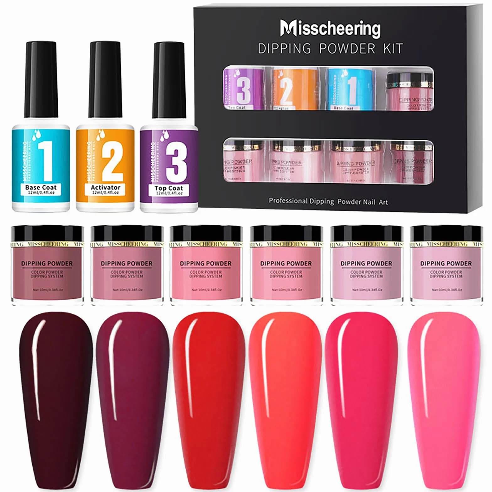 Polvere da Immersione Kit Starter per Unghie, RoseFlower Kit per unghie in polvere con 6 colori nudi, polvere per immersione Rosso Viola, Top Coat Base Coat - Set di Polvere per unghie Francese