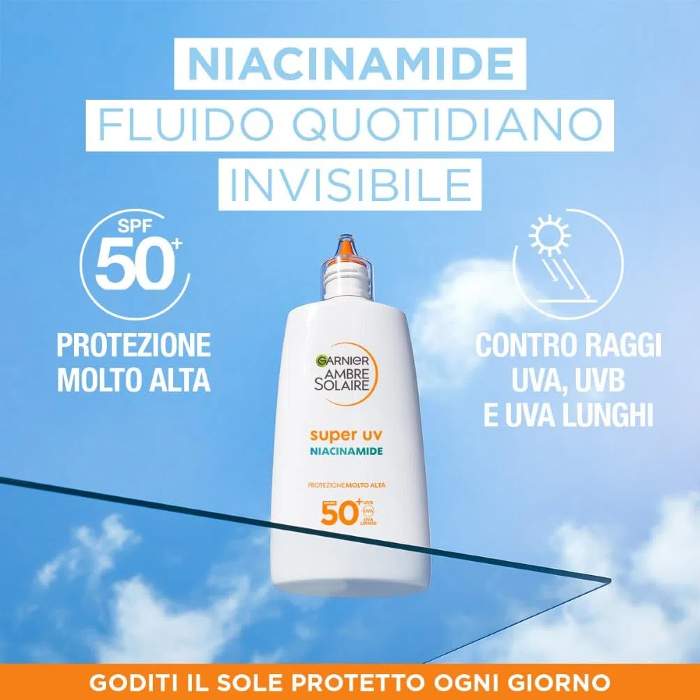 Garnier Fluido Viso Anti Imperfezioni, Uso Quotidiano, Protezione Solare Molto Alta SPF 50+, Effetto Invisibile, Con Niacinamide, Dermatologicamente Provato, Super UV, Ambre Solaire, 40 ml