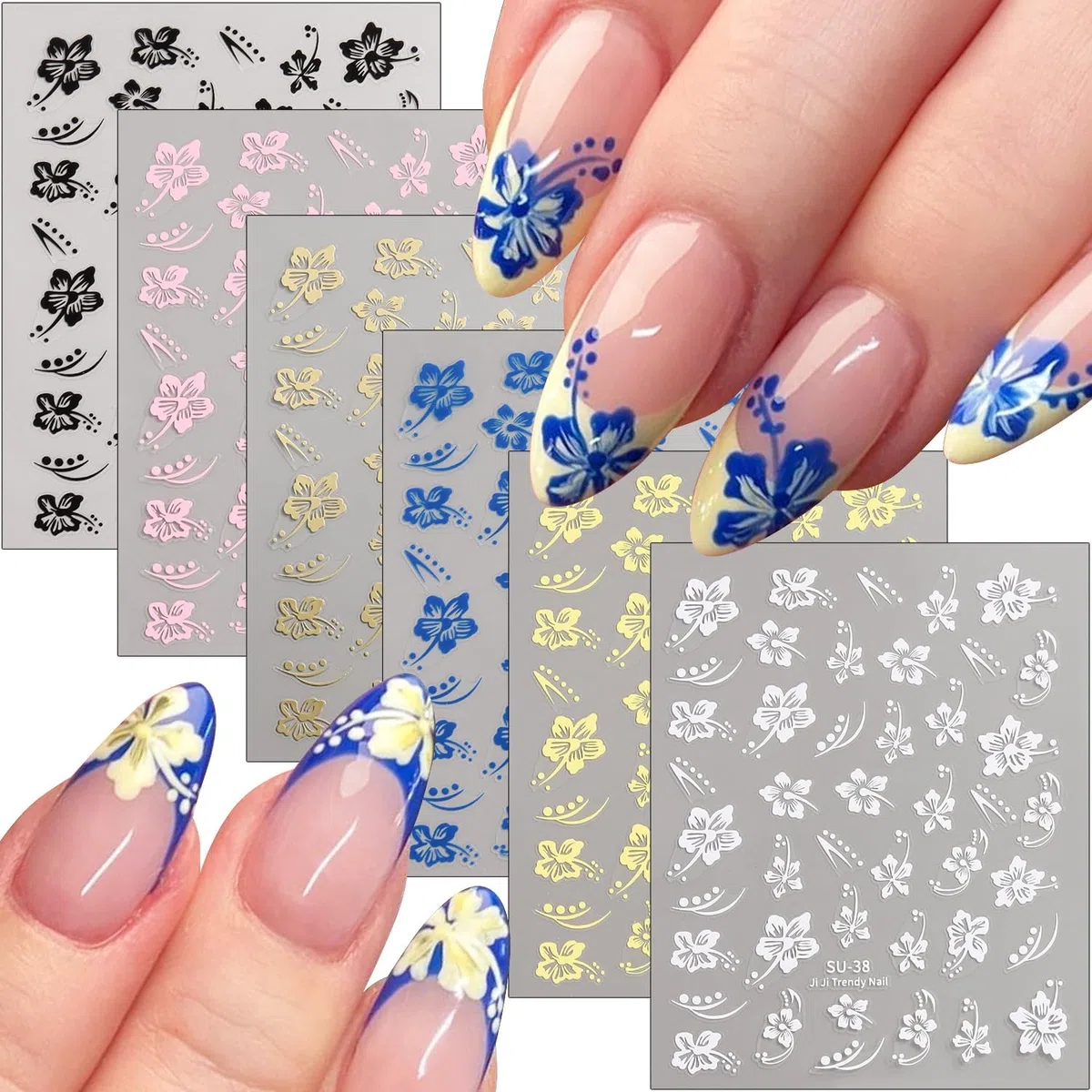 Adesivi per Unghie con Fiori di Ibisco, 6 Pezzi Immagini di Fiori di Ibisco 3D Autoadesive Bianco Rosa Hawaiani Colorati