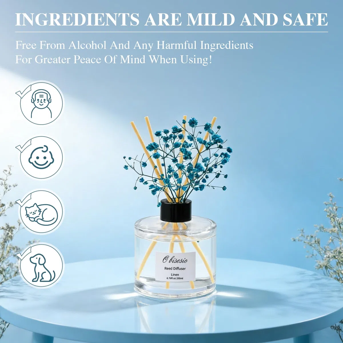 Diffusore, Diffusore A Canne Di Bambù, Diffusore Di Oli Essenziali, Con 4 Bastoncini Di Bambù + Fiori Secchi, 200 Ml Di Profumo Per Ambienti, Fragranza Naturale, Profumo Persistente — Fresco Di Lino