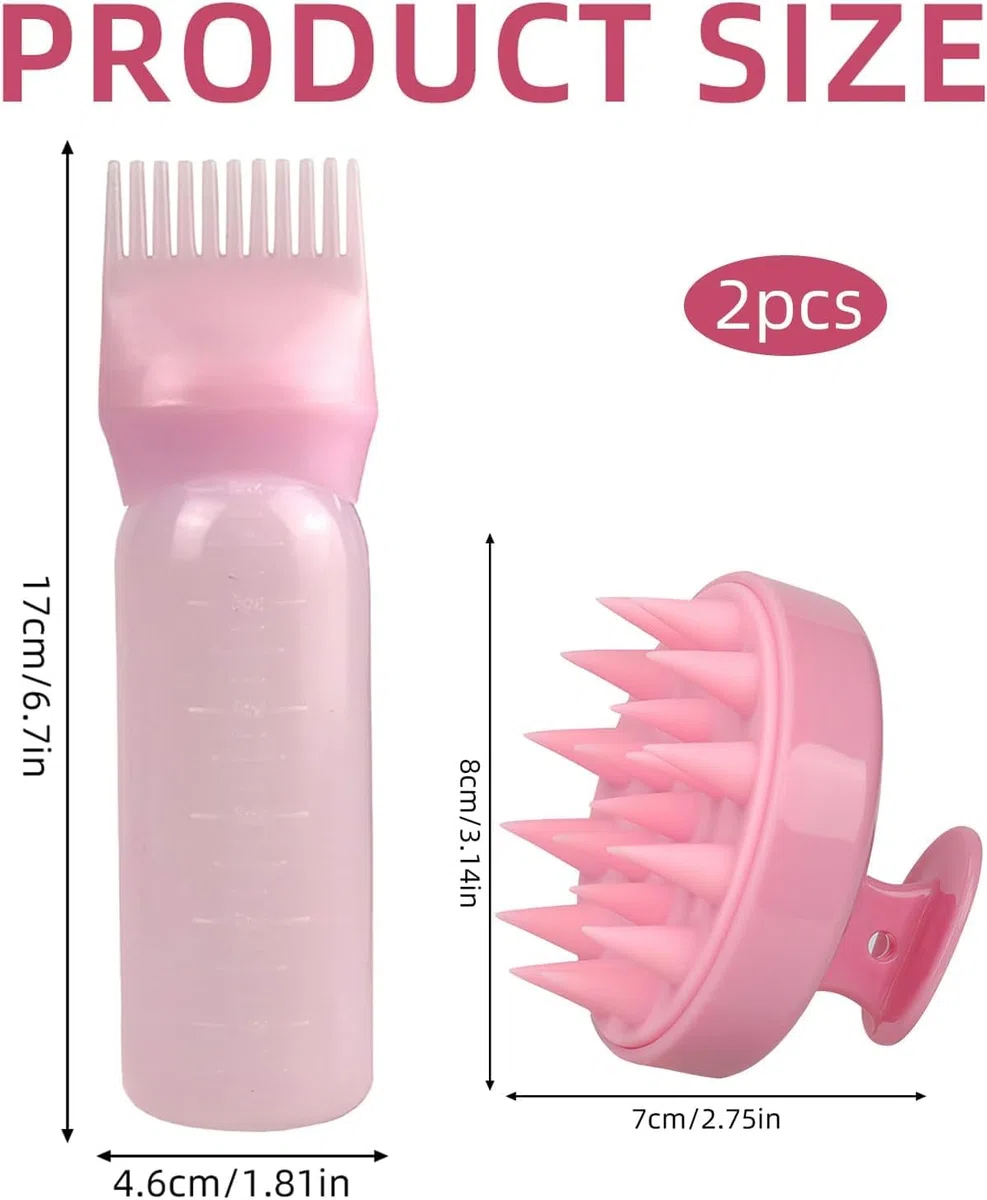 2 Pezzi Applicatore Olio Capelli,Massaggiatore Cuoio Capelluto + Applicatore Tintura,Flacone a Pettine per Radici,Spazzola Massaggio Cuoio Capelluto per La Casa,Salone per Capelli(Rosa)