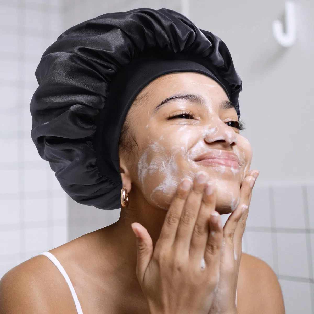 MoHern Cuffia da uomo, a doppio strato, in raso, per dormire, reversibile, per capelli ricci, cuffia in raso per uomini e donne di colore, nero, Large