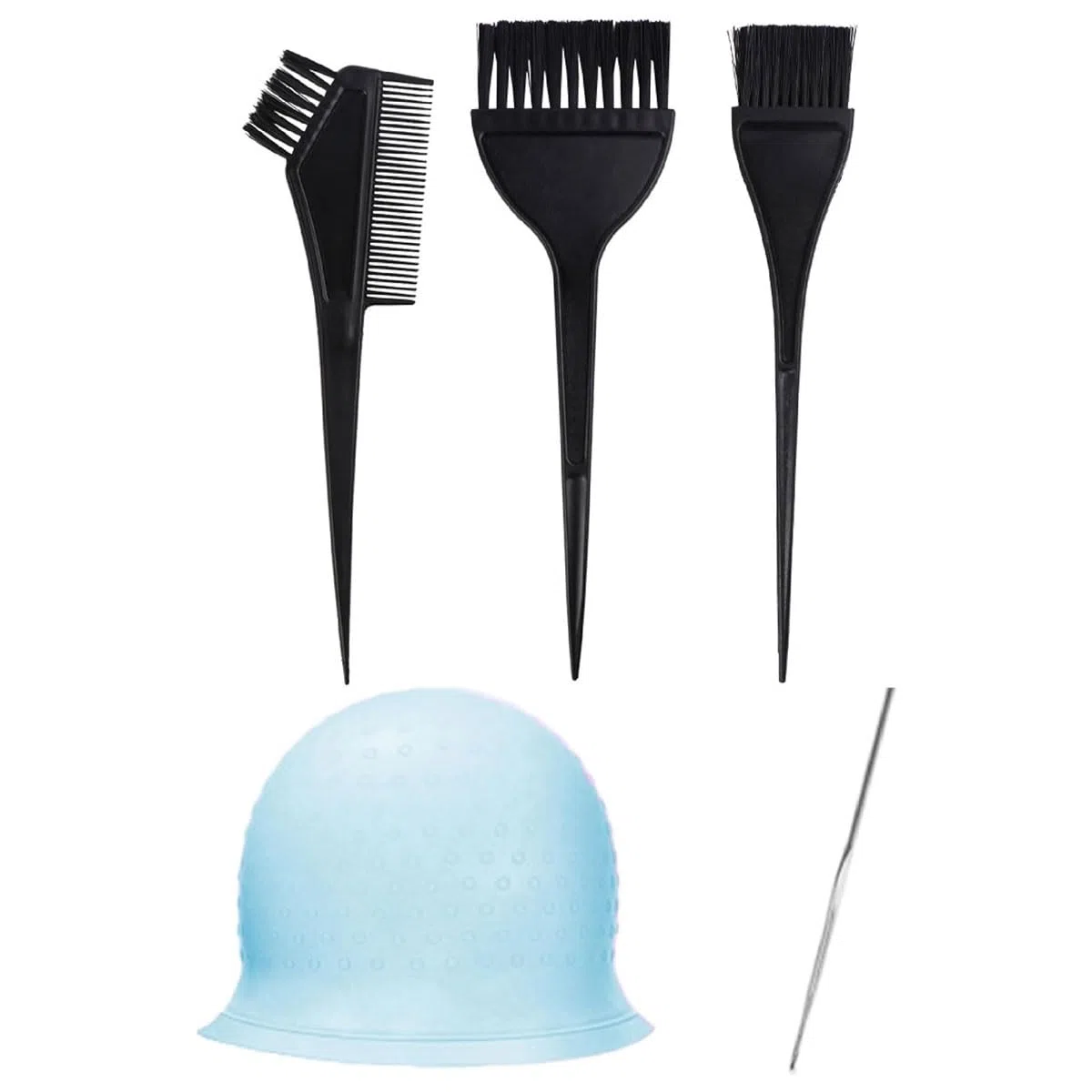decolorante per capelli,Set polvere decolorante in lamina di highlighter, cappuccio per tintura per capelli, riutilizzabile, con ago per highlighter (5 pezzi, blu)