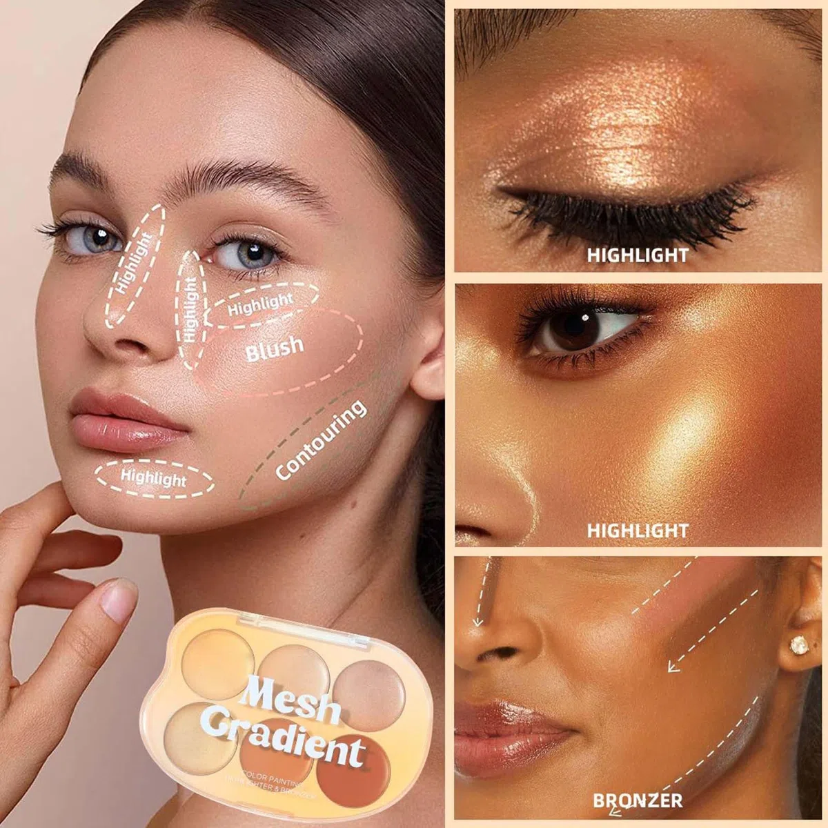 Illuminante Trucco | Palette Contouring e Blush 6 Colori con Effetto Highlighter,Cosmetici Crema Impermeabili a Lunga Tenuta per Donne e Ragazze