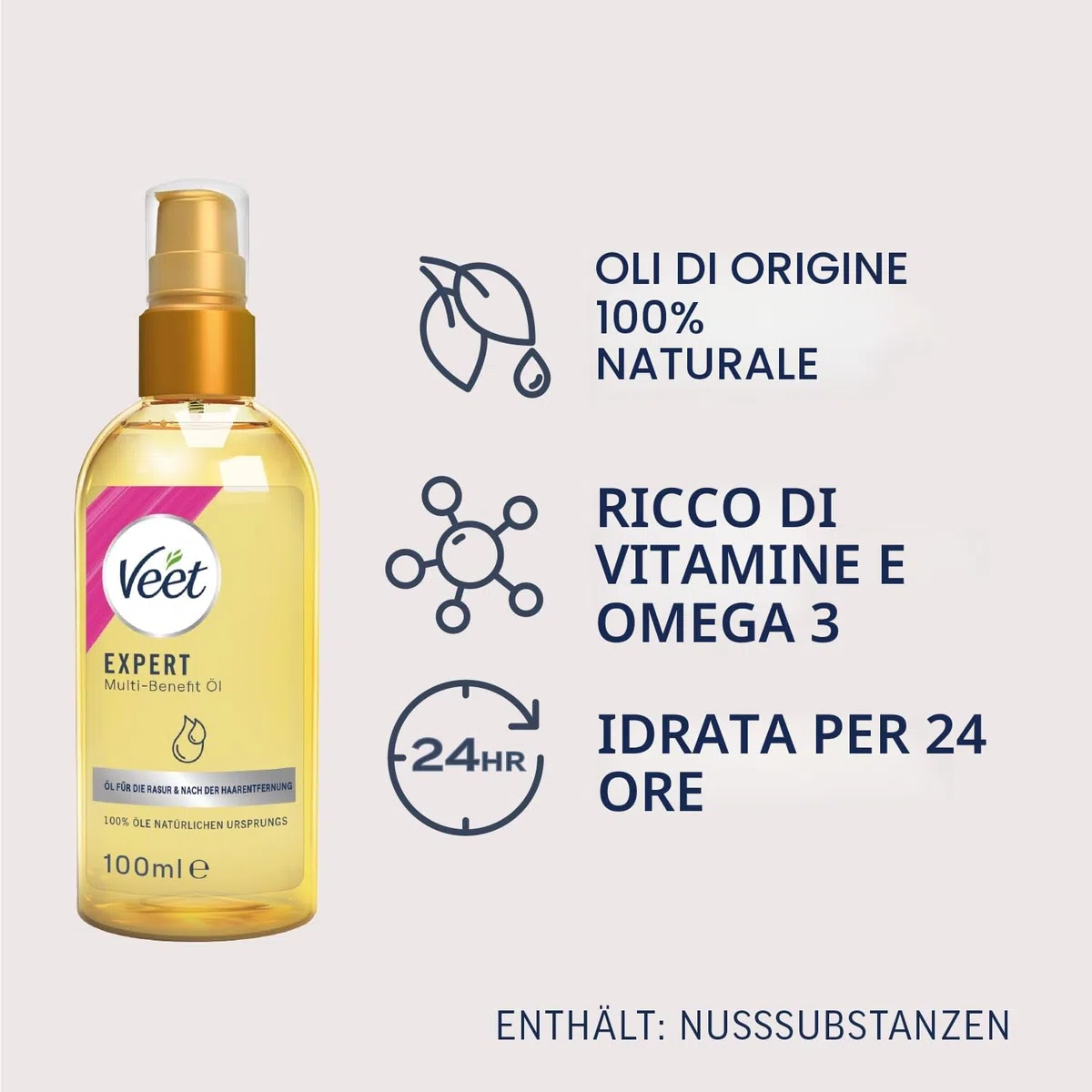 Veet Expert Multi-Benefit Olio - 100% di origine naturale con vitamine & Omega 3 - Olio per il corpo per la rasatura e la depilazione - Olio da barba idratante per corpo e viso, 100 ml