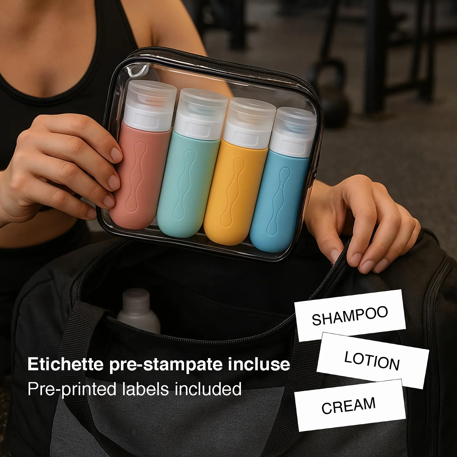 BEPER C302AAC010 Set 4 Flaconi da Viaggio in Silicone 90 ml, Contenitori per Shampoo e Creme con Astuccio Trasparente, Antigoccia, Ideali per Aereo e Palestra