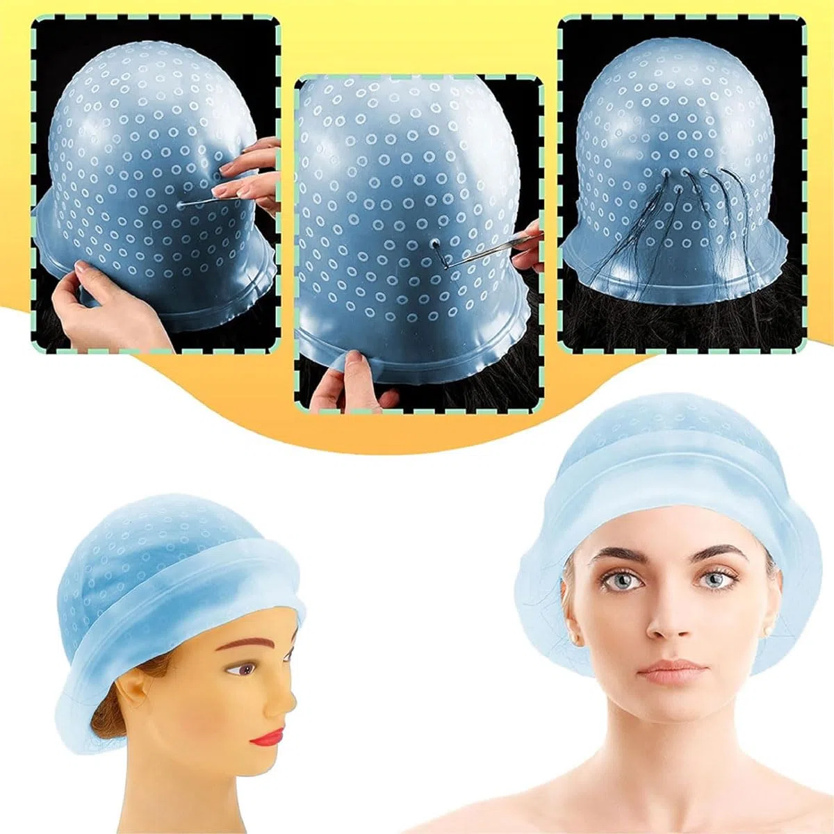 decolorante per capelli,Set polvere decolorante in lamina di highlighter, cappuccio per tintura per capelli, riutilizzabile, con ago per highlighter (5 pezzi, blu)