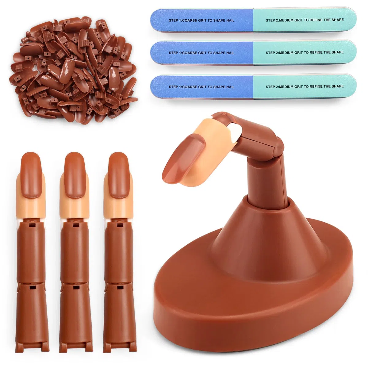 3 dita finte per unghie in acrilico con base, punte e blocco tampone per unghie, manichino regolabile per nail art, kit per principianti mobili e flessibili (marrone)