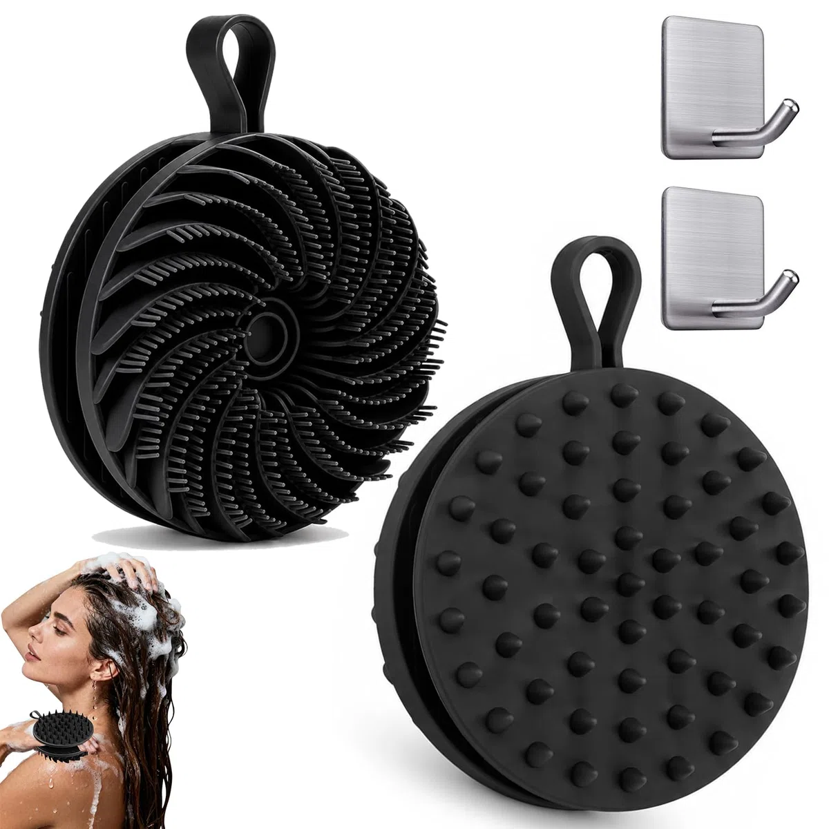 2 Pezzi Spazzola Corpo Silicone(con Gancio) Spazzola Doccia in Silicone丨Silicone Scrubber, per Pulizia Profonda e Massaggio, Facile da Tenere e Appendere, Più Igienico e Duraturo (Nero)