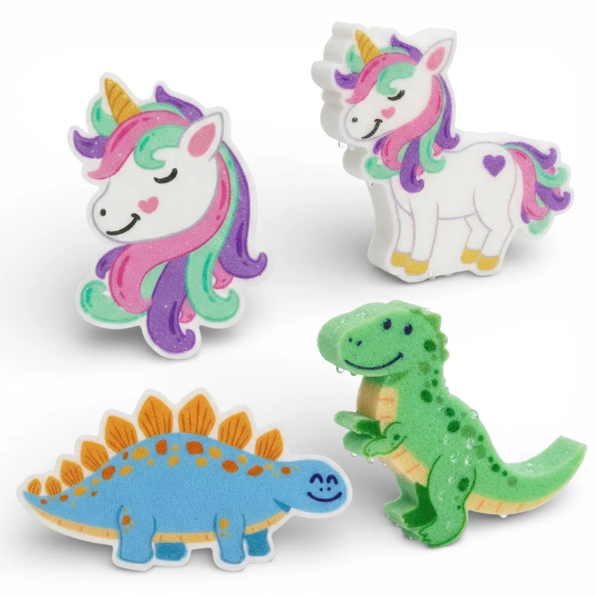 MIJOMA Set di 4 spugne da bagno magiche per bambini, con unicorno e dinosauro, effetto pop-up, cellulosa, lavabili e riutilizzabili, per bagno e gioco, 10 cm
