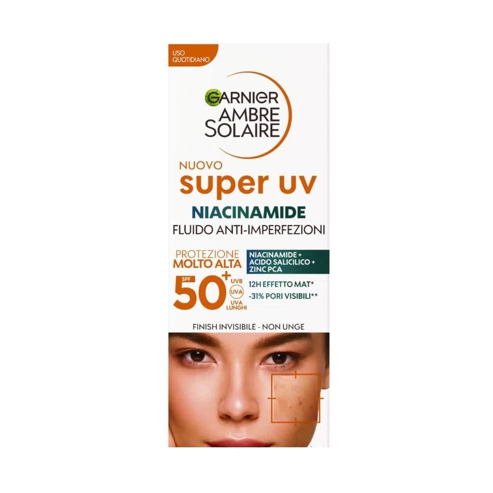 Garnier Fluido Viso Anti Imperfezioni, Uso Quotidiano, Protezione Solare Molto Alta SPF 50+, Effetto Invisibile, Con Niacinamide, Dermatologicamente Provato, Super UV, Ambre Solaire, 40 ml