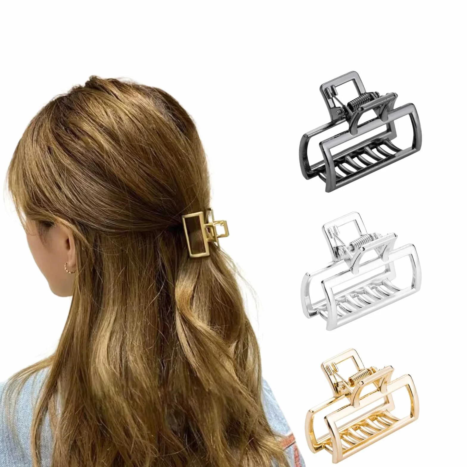 Fermaglio per capelli piccolo in metallo, antiscivolo, rettangolare, forte, accessorio per capelli da donna, 3 pezzi (oro, argento, nero)