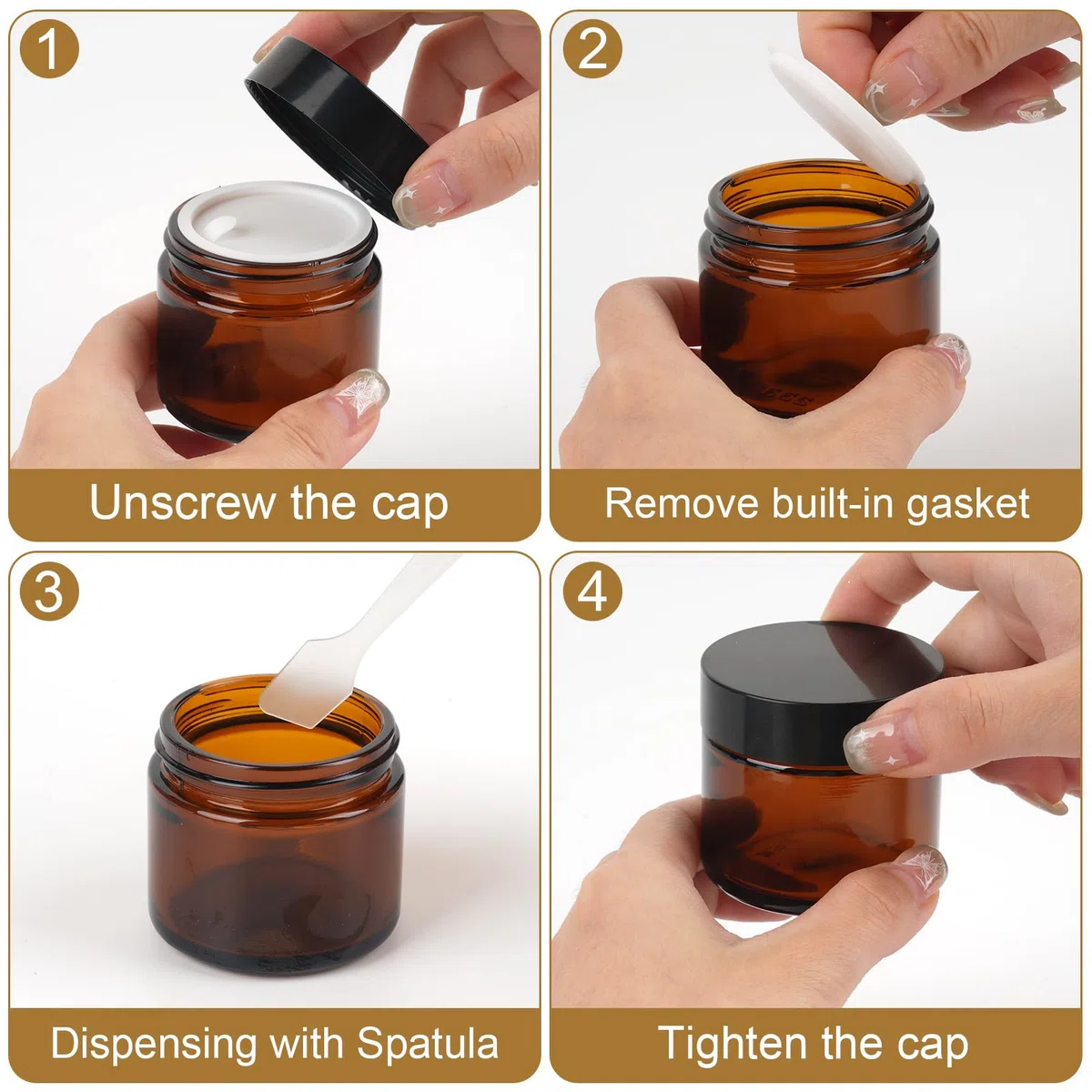 4 contenitori per crema in vetro ambra, da riempire, 60 ml, contenitore per unguento, in vetro marrone, con spatola e adesivo, per lozione, crema, cosmetici