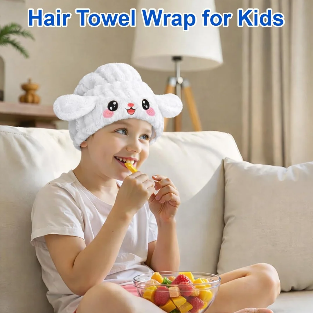Turbante asciugacapelli, asciugamano capelli turbante, asciugamano microfibra capelli, cuffia capelli ricci notte, 2 Pezzi cuffia doccia bambini, Cane Bianco e Coniglio Rosa, Elastico