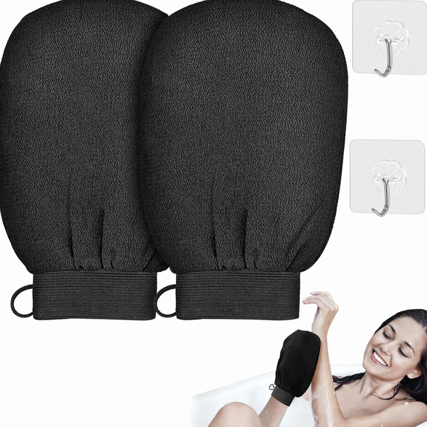 Guanto di Crine Esfoliante - 2 Pezzi - Guanto Scrub Esfoliante Corpo Peli Incarniti - Guanto Scrub Corpo - Guanto Spugna per Doccia - Exfoliating Gloves - Guanto di Seta Esfoliante - Nero