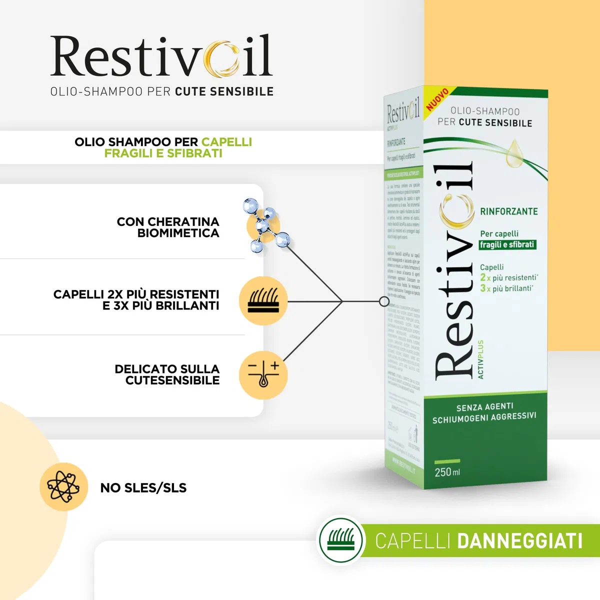 RestivOil Activplus Olio Shampoo rinforzante per capelli, fisiologico con azione ricostituente e riattivante, Senza Schiuma, per capelli fragili e sfibrati, 250 ml