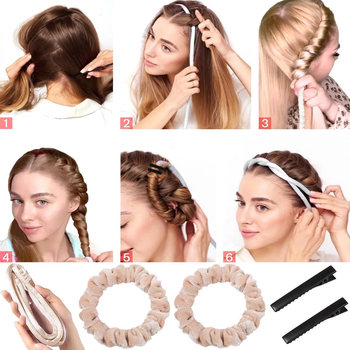 Heatless Hair Curler, Ricci Durante Notte， Fascia Per Capelli Con Riccioli Sottili， Adatto a Tutti i Tipi Capelli e Trame,Lunghezza Della Spalla o Risultati Ottimali Capelli Più Lunghi(Beige)