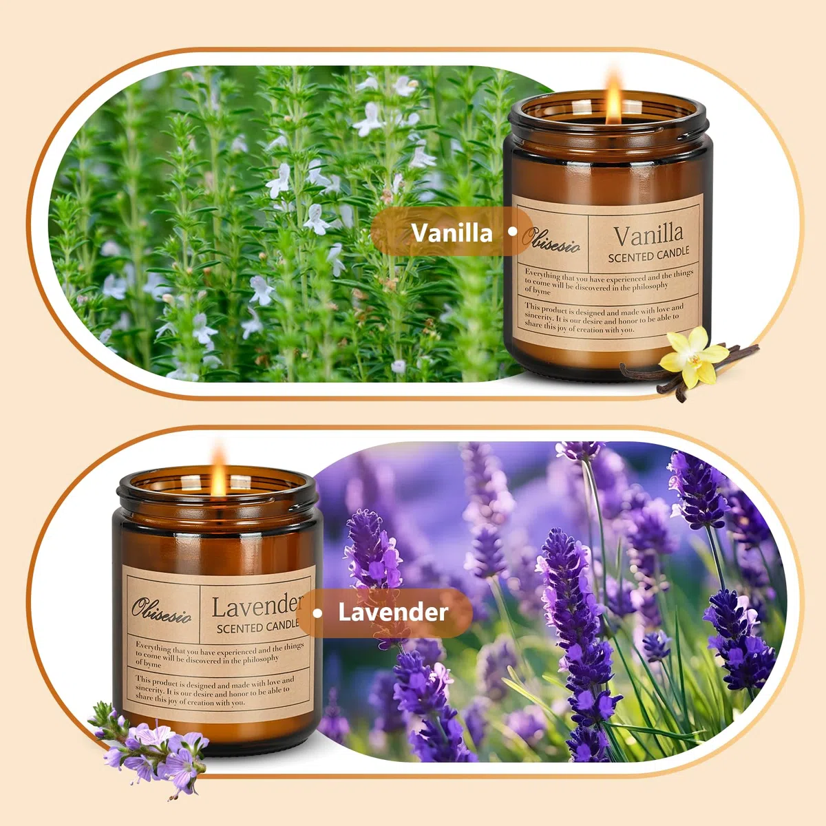 Candele 2 Pack, Candele per la casa profumata, Aromaterapia Candela Set regalo per le donne Cera di soia Lunga durata Ambra Jar Candeles regalo per Madre San Valentino (Vaniglia e Lavanda)
