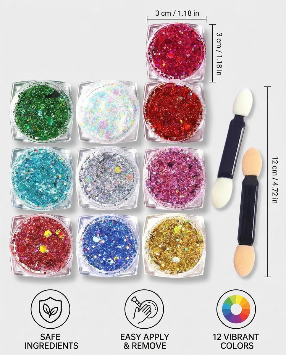 12 Pezzi Glitter Capelli Gel,Brillantini Corpo,Body Glitter Viso Make Up,Brillantini Occhi Polvere,Paillettes per Corpo,Brillantinis Unghie Nail Art,Cosmetici Glitters per Candele Fai da Te
