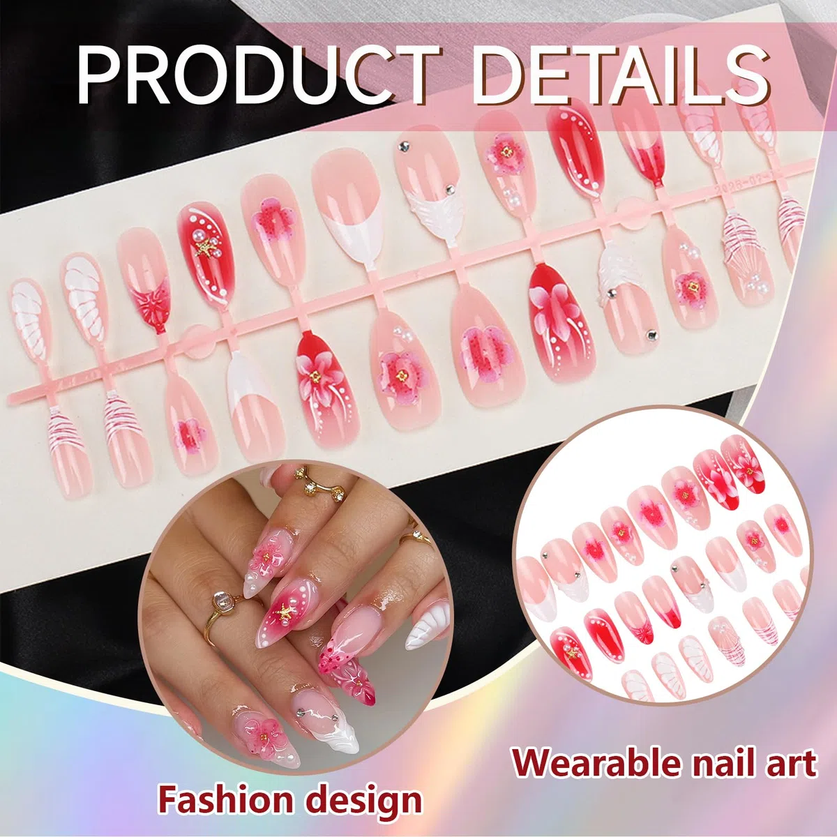 30 pezzi 3D Ocean Press on Nails, Mandorla Estate Rosa Conchiglia & Stelle Marine Unghie Artificiali Perline Unghie Finte con Goffratura 3D Inclusi cuscinetti adesivi e lima per unghie