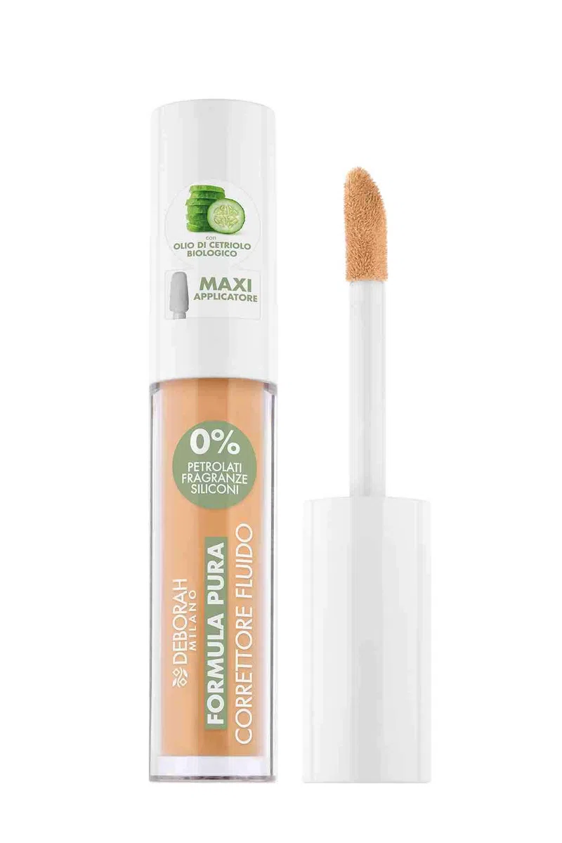 Deborah Correttore Fluido Formula Pura N.02 Beige, 0% Siliconi, Antirughe Borse e Occhiaie, riduce Imperfezioni e Discromie, Finish Luminoso, con Olio di Cetriolo Bio e Filtri Anti Luce Blu