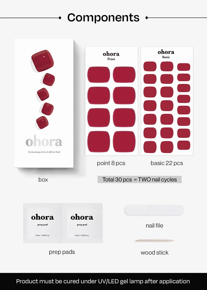 Ohora Sticker Unghie Gel Semi-Polimerizzato per Pedicure, 32 Unghie Gel Adesive Made in Corea, con Lima, Due Salviette Umide e Uno Stick in Legno per l'Applicazione