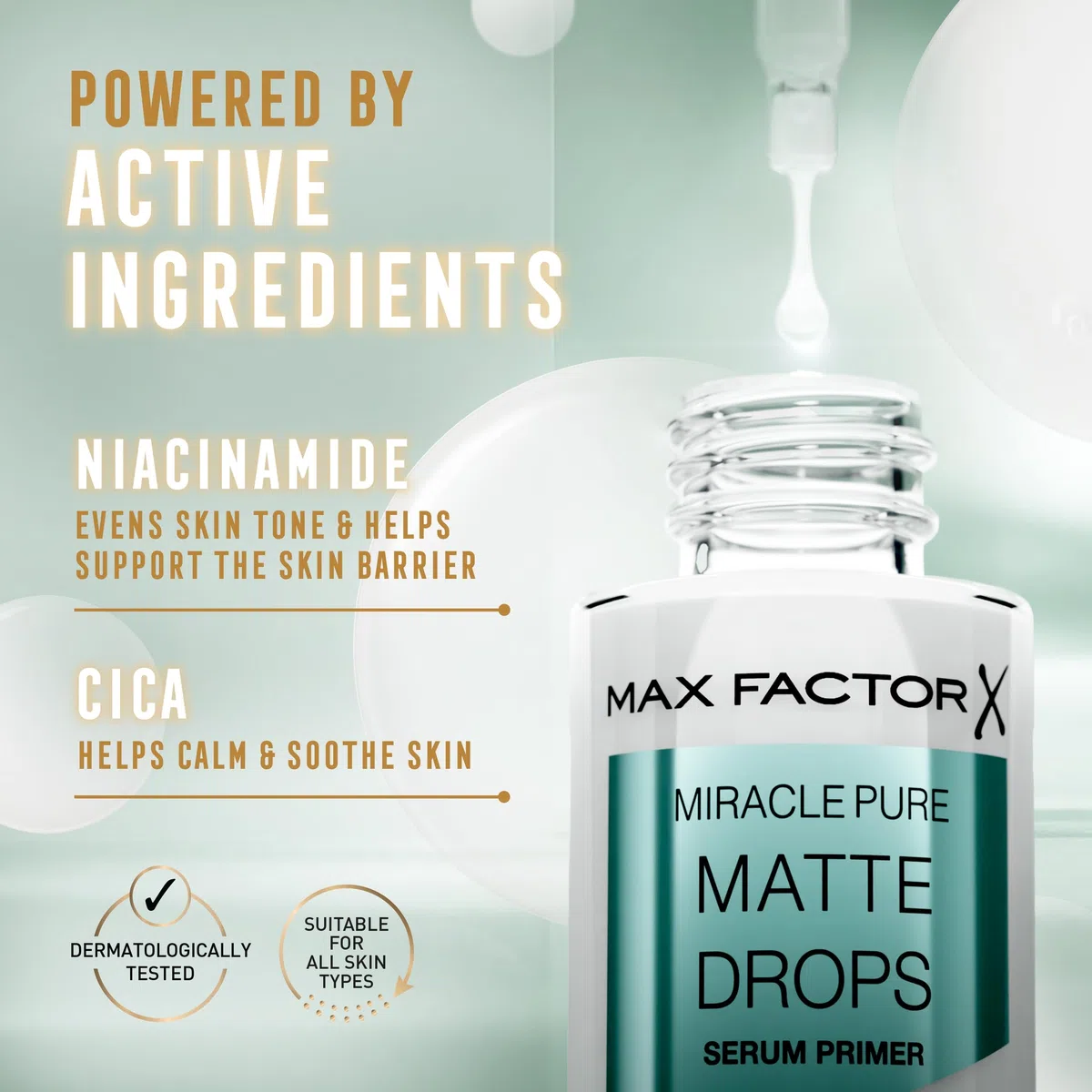 Max Factor Miracle Pure Matte Drops Siero Primer, opacizza, idrata e prepara, con Niacinamide e Centella Asiatica, uniforma il tono della pelle, lenisce e calma la pelle, 30ml