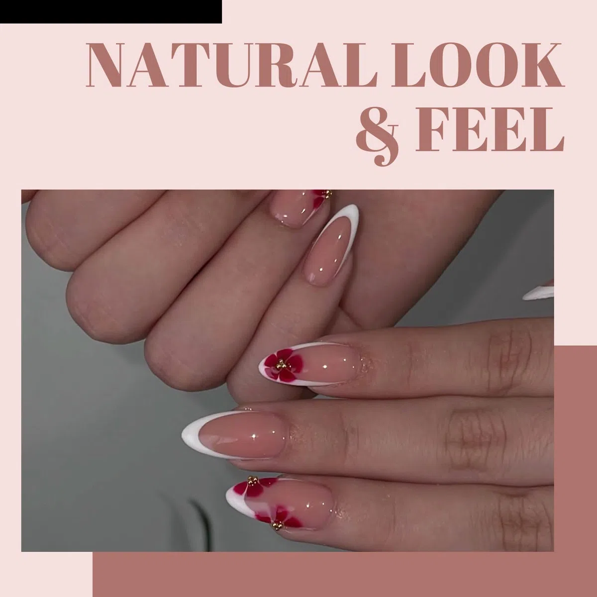 LunarCharm 24 pezzi unghie press on French tip rosse, unghie finte acriliche corte a mandorla con design floreale, unghie adesive lucide a copertura completa per donna fai da te