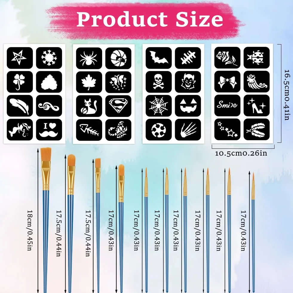 Truccabimbi Kit, 4 fogli Stencil di Pittura del Viso, Modello Riutilizzabile per Il Trucco, Con 10 Pennelli Professionali, Adatto per Halloween, Carnevale, Natale(C)