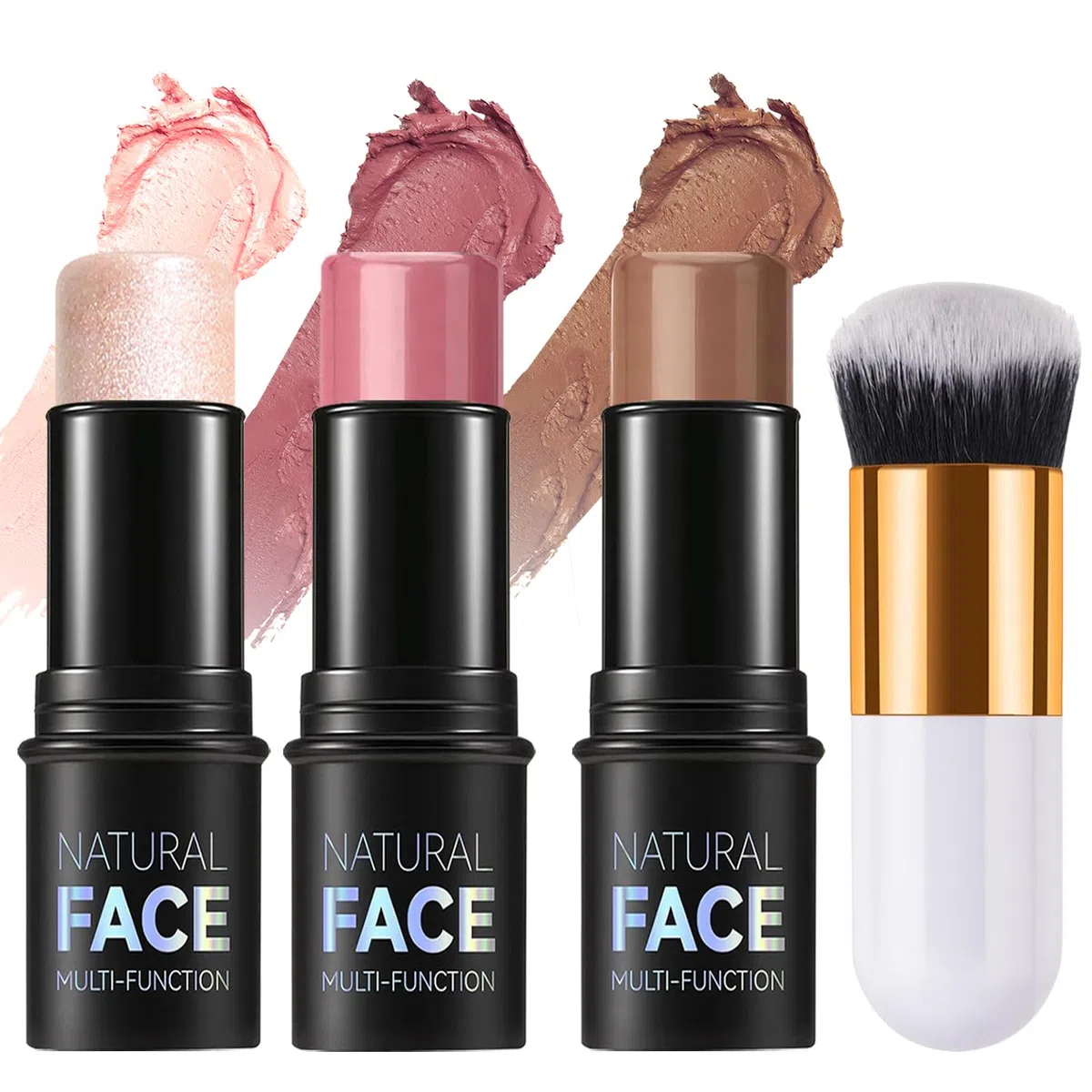 3 Pezzi Contouring Viso Stick, ELALRAU Kit Trucco con Pennello: Contour Stick, Bronzer Blush, Highlighter Crema - Lunga Durata, Texture Leggera e Liscia