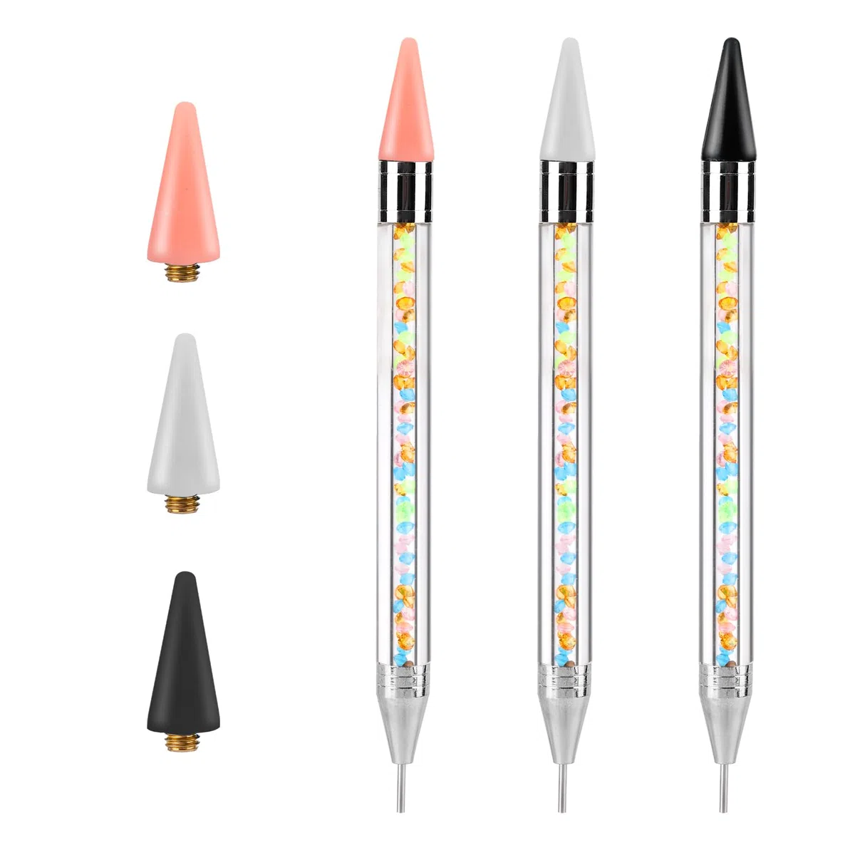 3pz Matita di Cera per Strass con 3 Punte Cera, a Doppia Testa Strumento per Selezione Gioielli con Tubo Penna con Diamanti Colorati Penna per Cera con Gemme per Unghie (Nero, Bianco, Rosa)