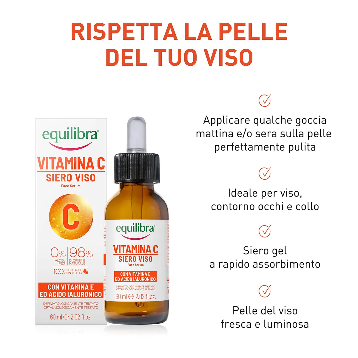 equilibra Viso, Siero Viso Vitamina C con Vitamina E, Acido Ialuronico e Aloe Vera, dona Luminosità e Freschezza, Adatto per Pelli Sensibili, Non Unge, Assorbimento Rapido, 60 ml