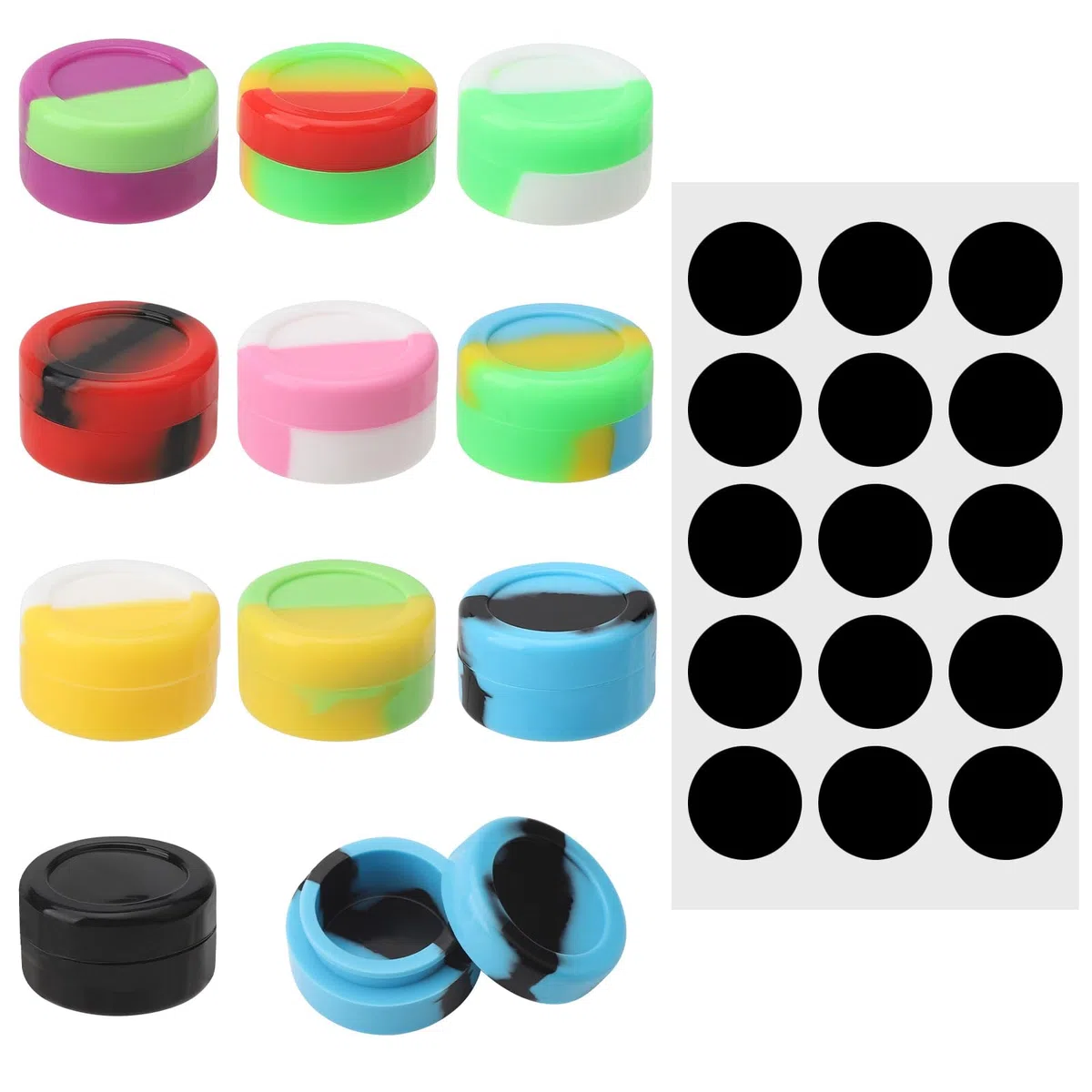 VOSSOT Contenitori Rotondi in Silicone da 5 ml con 15 Etichette - Mini Antiaderenti per Cera e Campioni Vuoti