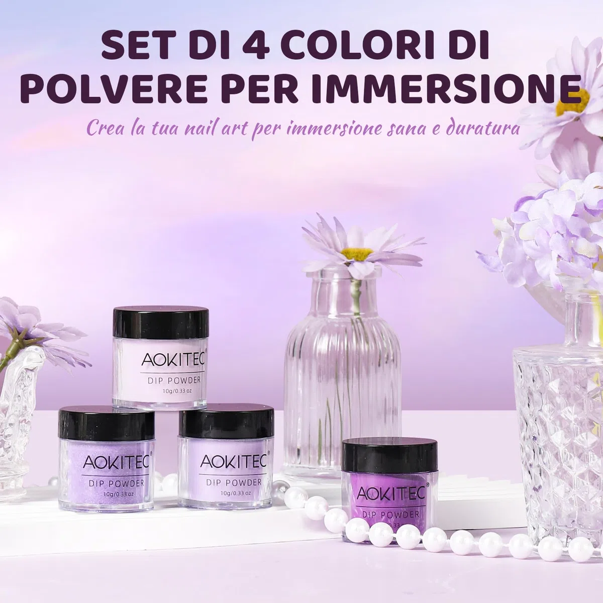 Aokitec 4 colori polvere per immersione, tonalità viola polvere per immersione per nail art francese salone di bellezza, polvere per unghie per principianti, inodore a lunga durata, regalo per donna