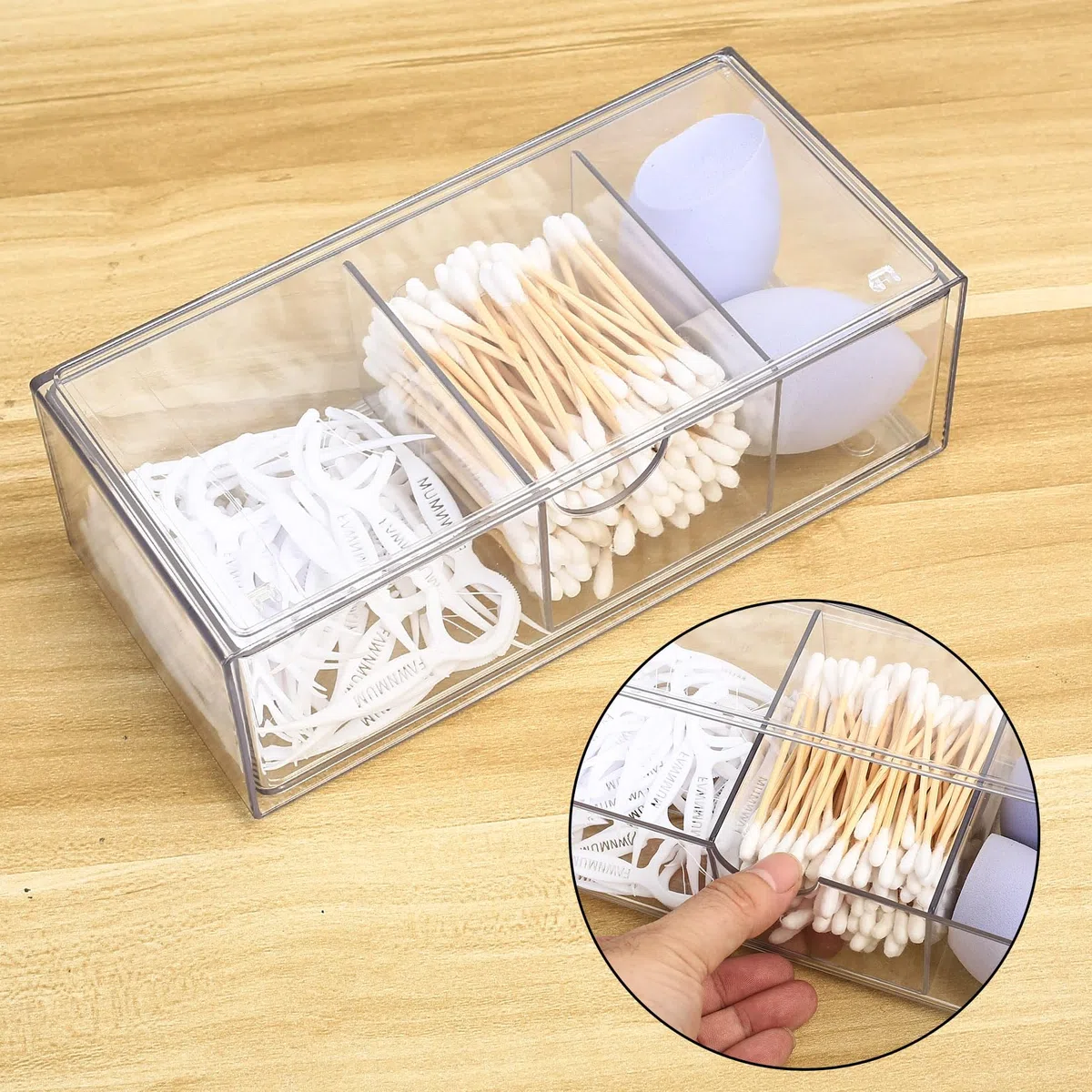 SHACHENH Organizer Cosmetici, Scatola Portaoggetti per Bagno Trasparente 3 Scomparti con Cassetti, Organizer da Tavolo Impilabile per Bagno, Porta Dischetti Cotone in Plastica PET