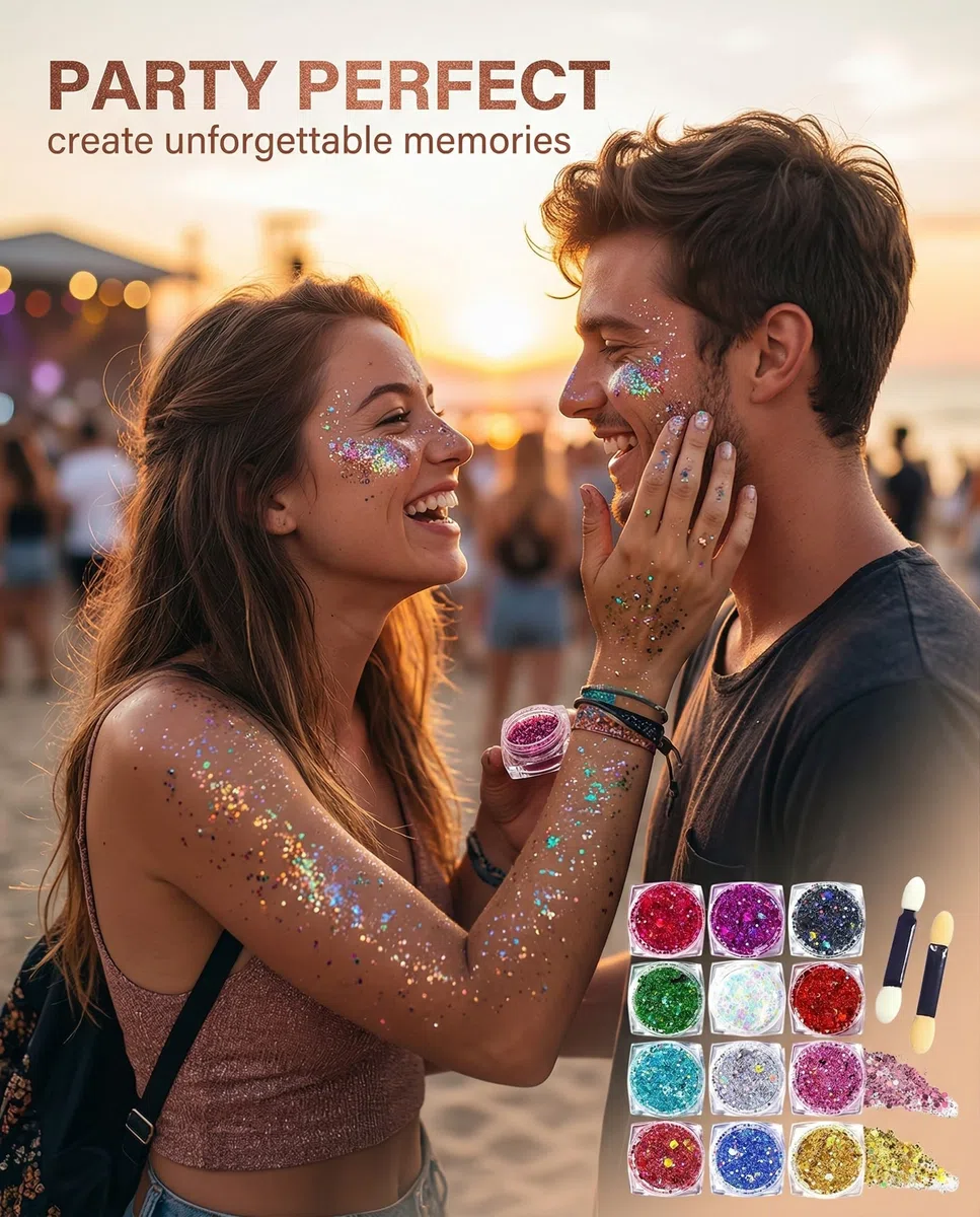 12 Pezzi Glitter Capelli Gel,Brillantini Corpo,Body Glitter Viso Make Up,Brillantini Occhi Polvere,Paillettes per Corpo,Brillantinis Unghie Nail Art,Cosmetici Glitters per Candele Fai da Te