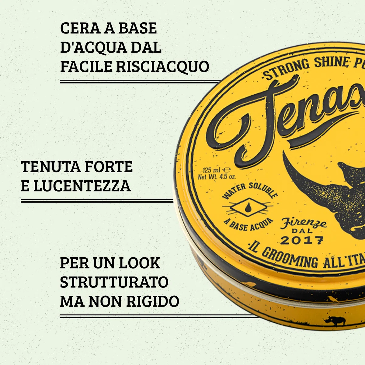 Tenax Strong Shine Pomade 125 ml, Cera capelli uomo con tenuta forte, Cera per capelli a base d'acqua da usare su capelli asciutti o umidi, Hair wax per un'acconciatura lucida e morbida