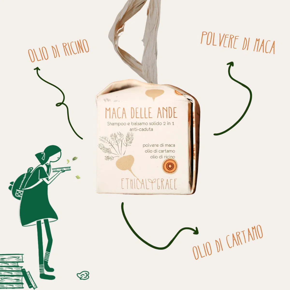 Ethical Grace - Maca Delle Ande - Shampoo e Balsamo Solido 2 in 1 Vegano Shampoo Anticaduta per Capelli Forti e Resilienti Balsamo Capelli Naturale con Estratto di Maca e Olio di Cartamo 90 gr